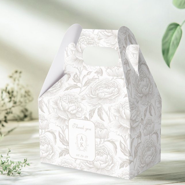 Pale Taupe Monogram Crest Chinoiserie Peonies Favour Box (Creator Uploaded)