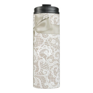PALE TAUPE WITH WHITE LACE BOW RIBBON THERMAL TUMBLER