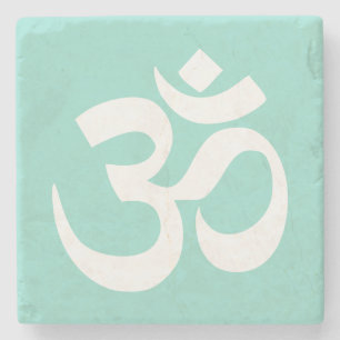 Pale Teal and White Om Symbol Stone Coaster