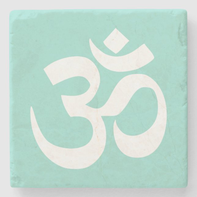 Pale Teal and White Om Symbol Stone Coaster (Front)