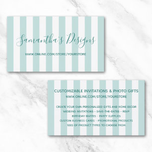 Pale Teal and White Vertical Stripes Online Store Business Card
