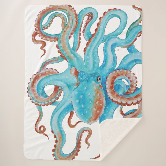 Pale Teal Blue Octopus Watercolor Sherpa Blanket (Front)