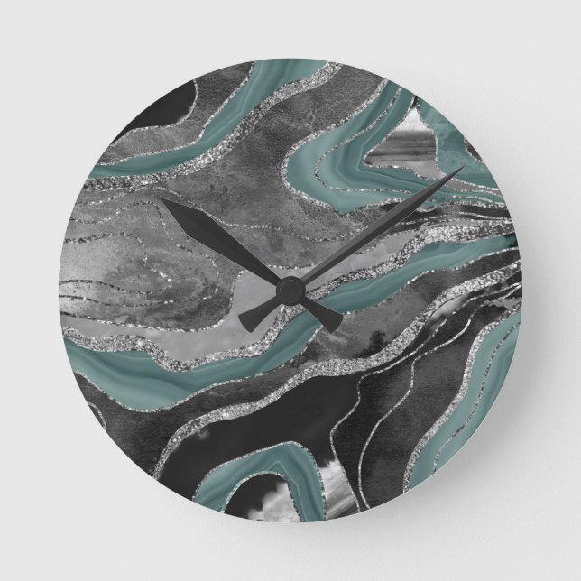 Pale Teal Gray Marble Agate Silver Glitter Glam #1 Round Clock (Front)
