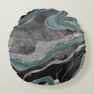 Pale Teal Gray Marble Agate Silver Glitter Glam #1 Round Cushion