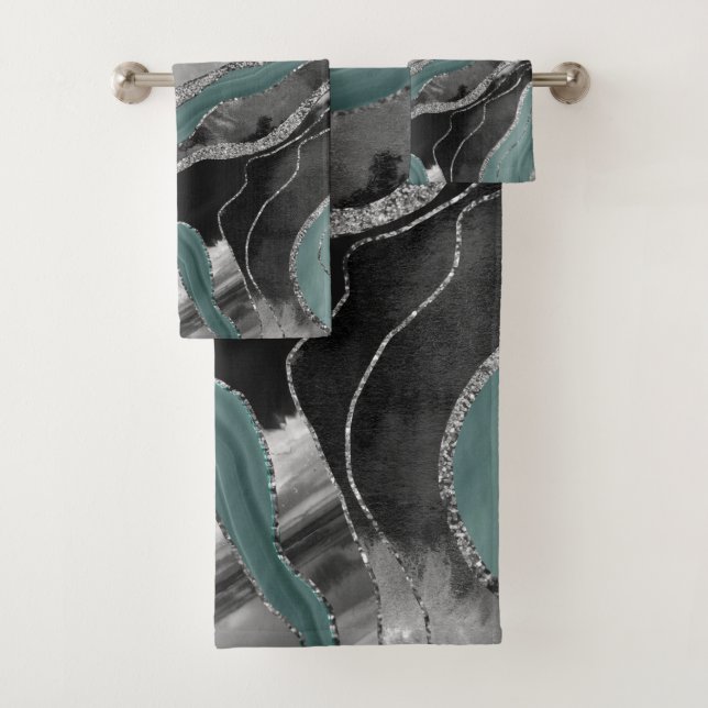 Pale Teal Grey Marble Agate Silver Glitter Glam #1 Bath Towel Set (Insitu)