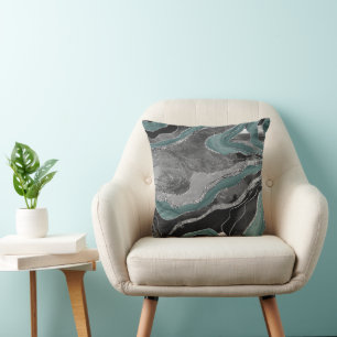 Pale Teal Grey Marble Agate Silver Glitter Glam #1 Cushion