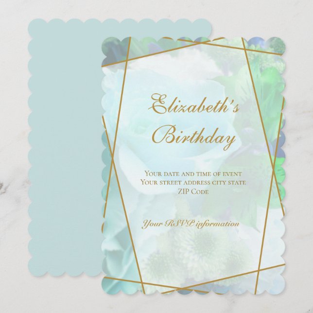 Pale Teal Rose Garden Birthday Invitation Card (Front/Back)