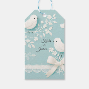 Pale Teal with Romantic Lace and Birds Wedding Gift Tags