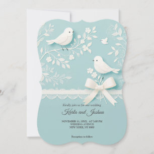 Pale Teal with Romantic Lace & Birds Wedding Invit