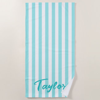 Pale Turquoise and White Cabana Stripe Beach Towel