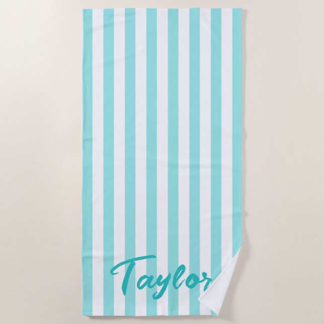 Pale Turquoise and White Cabana Stripe Beach Towel (Front)