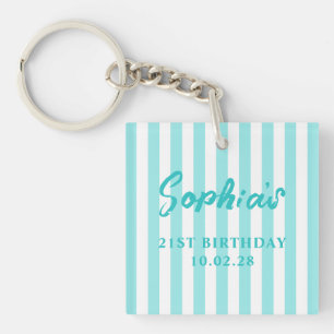Pale Turquoise Cabana Stripe 21st Birthday Photo Key Ring