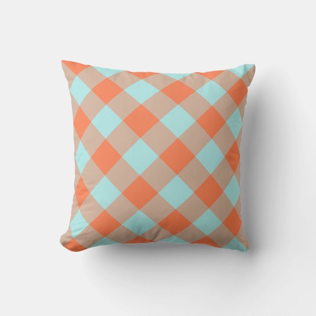 Pale Turquoise Coral Gingham Cushion (Front)