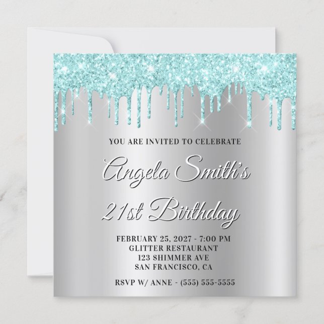 Pale Turquoise Glitter Drips Silver Drop Shadow Invitation (Front)