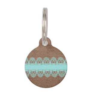 Pale Turquoise Lace against Burlap - Shabby Chic Pet Tag