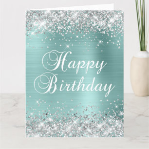 Pale Turquoise Silver Glitter Big Happy Birthday Card