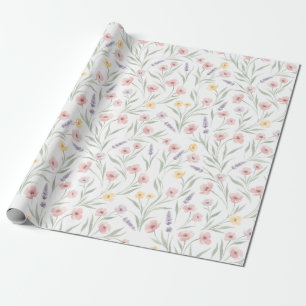 Pale Watercolor Style Flowers Pink Purple Yellow Wrapping Paper
