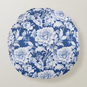 Pale white/blue repeat rose pattern  round cushion