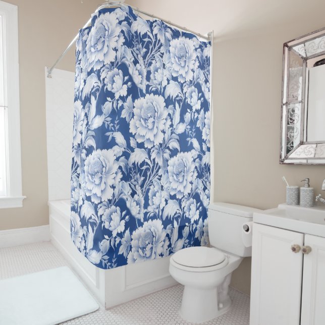 Pale white/blue repeat rose pattern  shower curtain (In Situ)