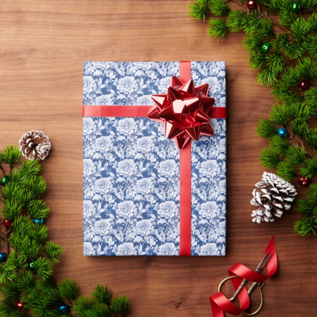 Pale white/blue repeat rose pattern  wrapping paper (Holiday Gift)