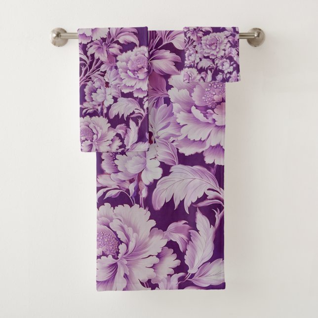 Pale White/Violet repeat rose pattern  Bath Towel Set (Insitu)