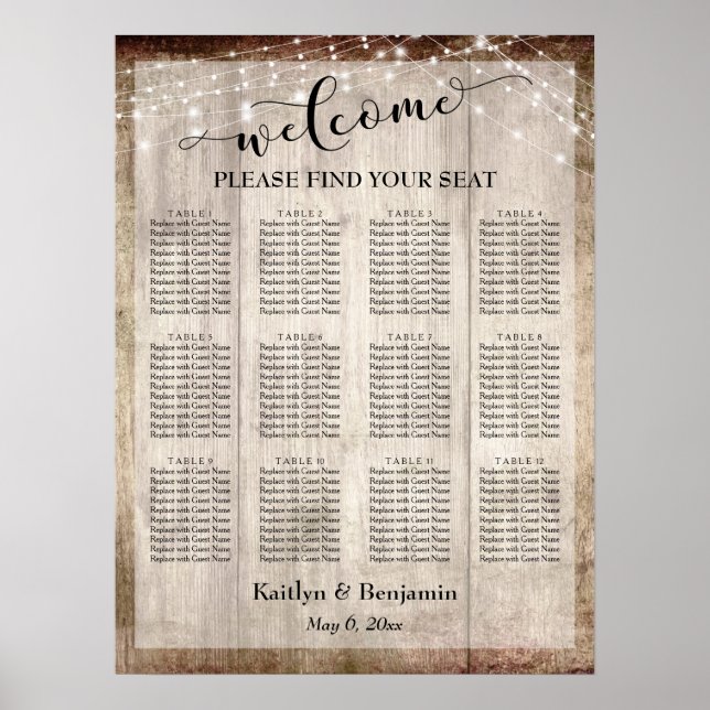 Pale Wood, Lights Welcome Typography Seating Chart (Front)