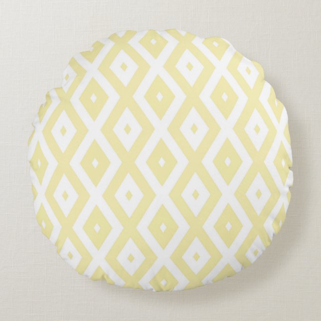 Pale yellow and white diamond pattern round cushion (Front)