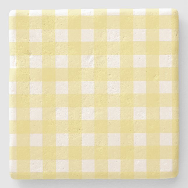 Pale yellow and white gingham stone coaster (Front)