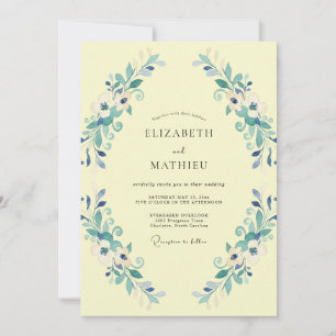 Pale Yellow Aqua Leafy Wedding Invitation