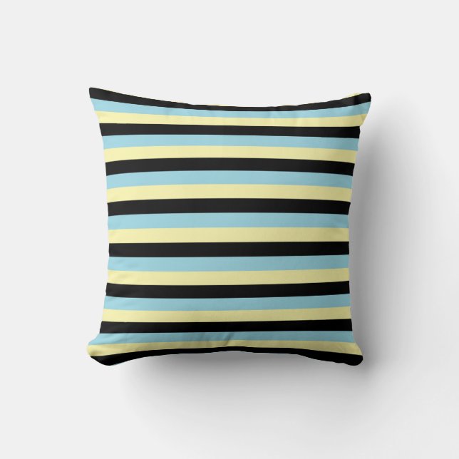 Pale Yellow, Black and Pastel Blue Stripes Cushion (Front)