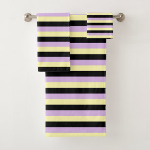 Pale Yellow, Black and Soft Purple Stripes Bath Towel Set