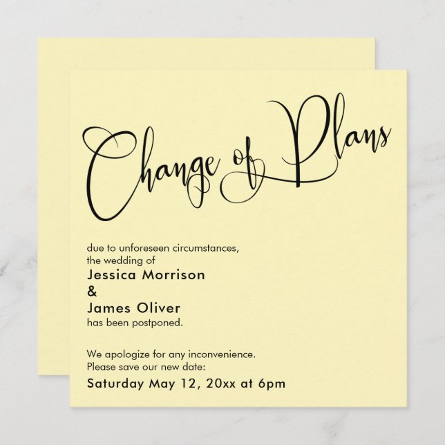 Pale Yellow Change of Plans Postponed Wedding Card (Front/Back)