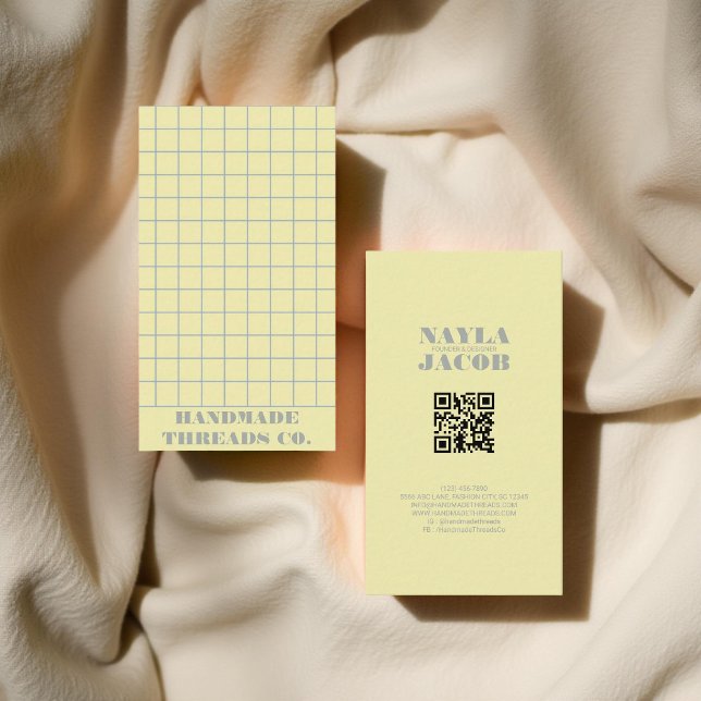 Pale Yellow Chequered Pattern QR Code Business Card (Creator Uploaded)