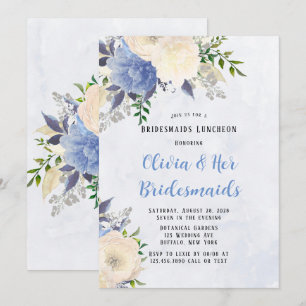 Pale Yellow Dusty Blue Peony Bridesmaids Luncheon Invitation