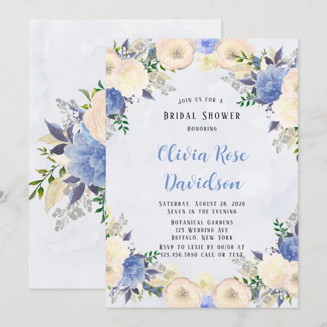 Pale Yellow Dusty Blue Peony Floral Bridal Shower Invitation (Front/Back)