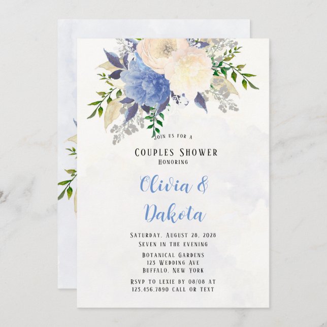 Pale Yellow Dusty Blue Peony Floral Couples Shower Invitation (Front/Back)