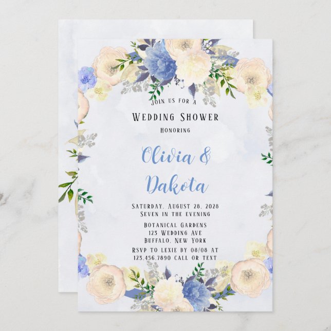 Pale Yellow Dusty Blue Peony Floral Wedding Shower Invitation (Front/Back)