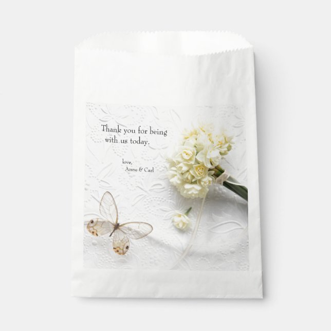 Pale yellow flowers with butterfly favour bag (Front)