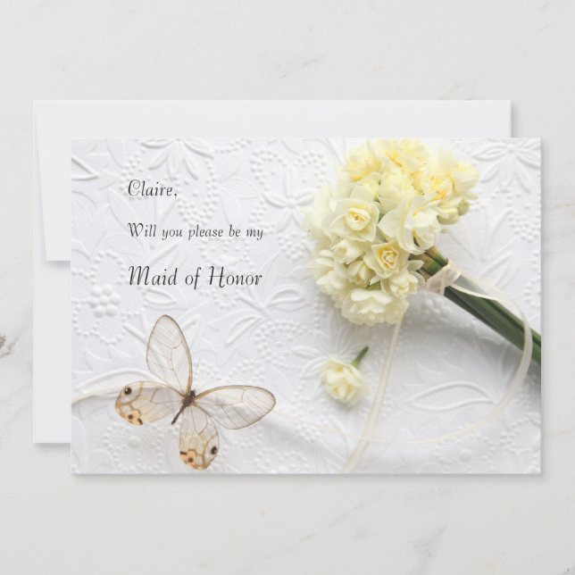 Pale yellow flowers with butterfly maid of honour invitation (Front)