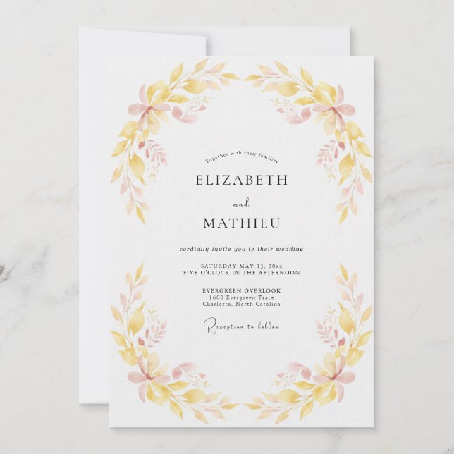 Pale Yellow Foliage Muted Eucalyptus Wedding Invitation (Front)