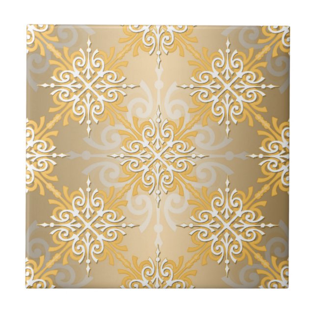 Pale Yellow Gold Damask Pattern Ceramic Tile (Front)