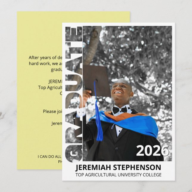 Pale Yellow Graduate Class 2026 Photo Graduation Invitation (Front/Back)