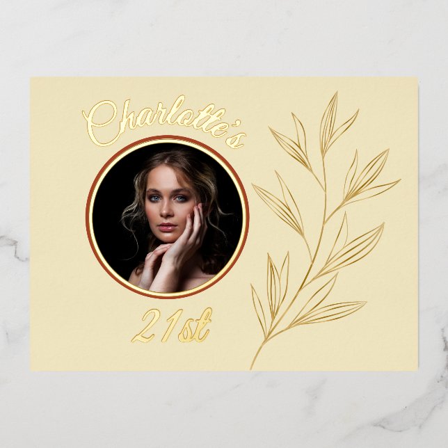 Pale Yellow & Graphic Gold Leaf Birthday Foil Invitation Postcard (Front)