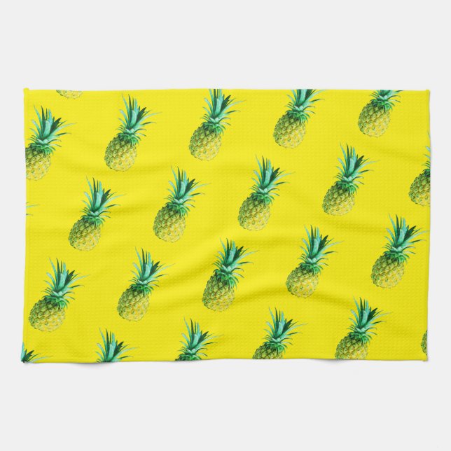 Pale Yellow Green Yummy Pineapple Pattern Tea Towel (Horizontal)