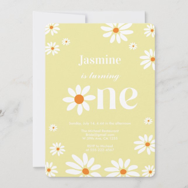 Pale Yellow Groovy Daisy Florals 1st Birthday Invitation (Front)