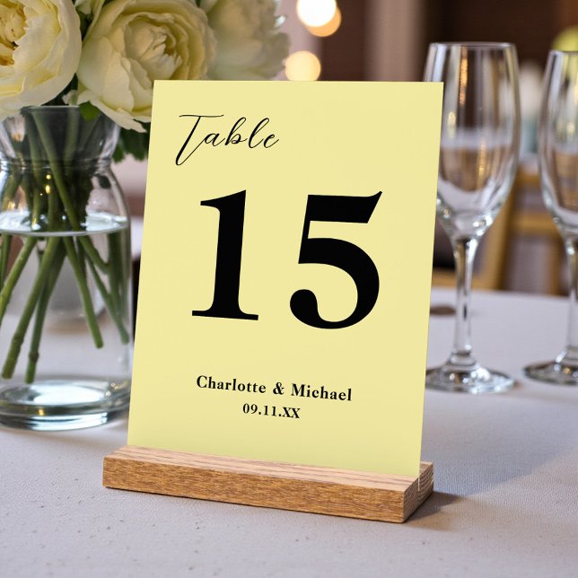 Pale Yellow Minimalist Wedding Table Number Acrylic Sign (Creator Uploaded)