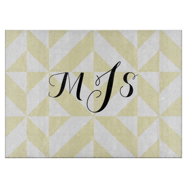 Pale Yellow Monogram Geometric Cube Pattern Cutting Board (Front)