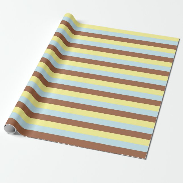 Pale Yellow, Pastel Blue and Brown Stripes Wrapping Paper (Unrolled)