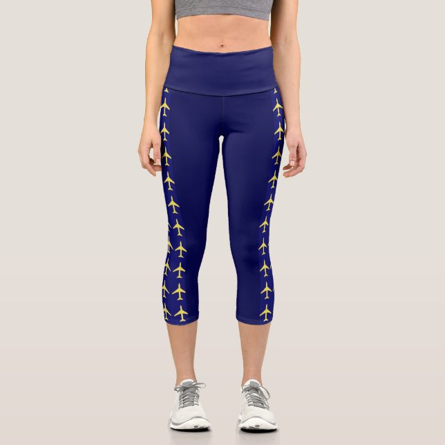 Pale Yellow Plane Aeroplane Aviation Fly Airways Capri Leggings (Front)