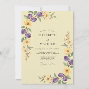 Pale Yellow Plum Olive Eucalyptus Wedding Invitation